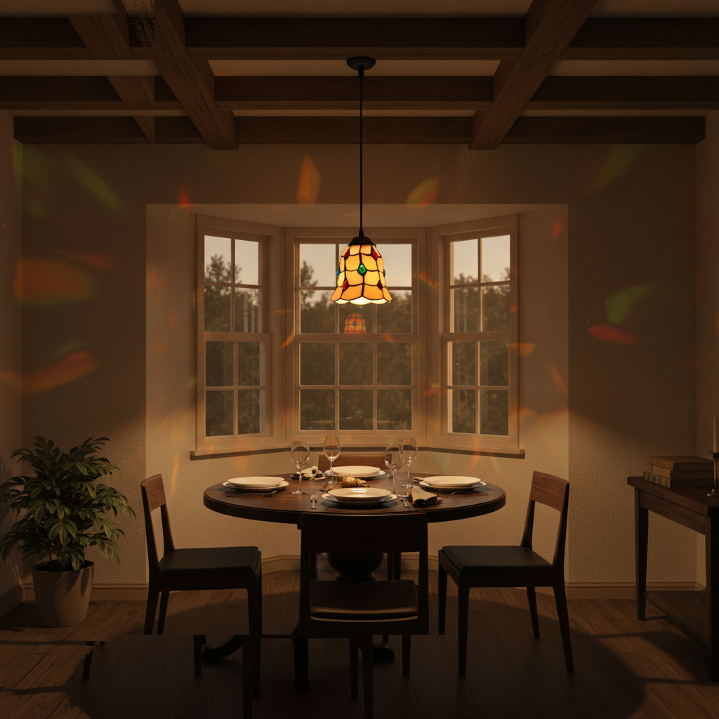 Suspension Verre Mosaïque Tiffany allumée diffusant sa lumière