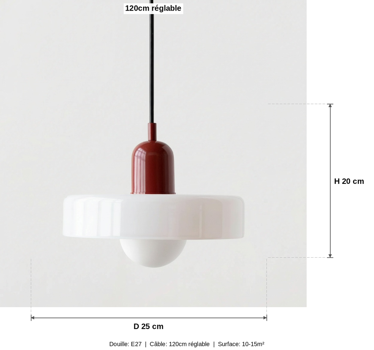 Suspension Verre Opalin Bauhaus Disque Blanc - schéma des dimensions