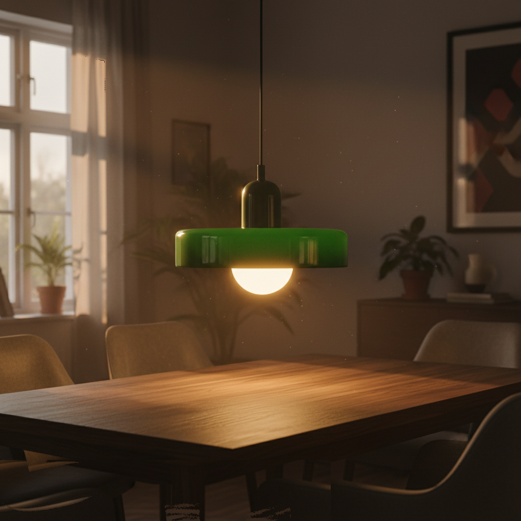 Suspension Verre Vert Style Bauhaus allumée diffusant sa lumière
