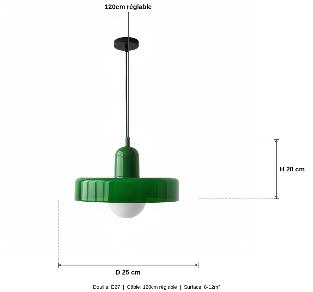 Suspension Verre Vert Style Bauhaus - schéma des dimensions