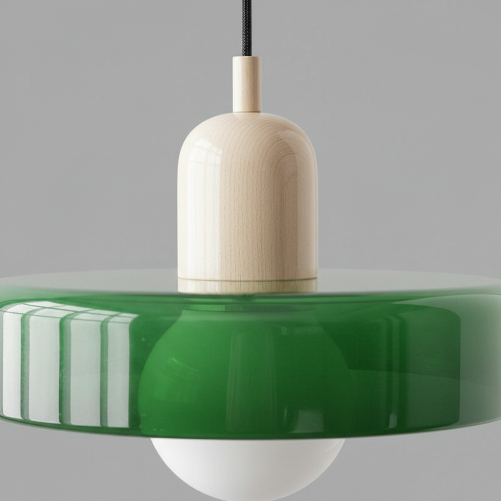 Suspension Verre Vert Bauhaus | Disque Scandinave - gros plan sur les détails de fabrication