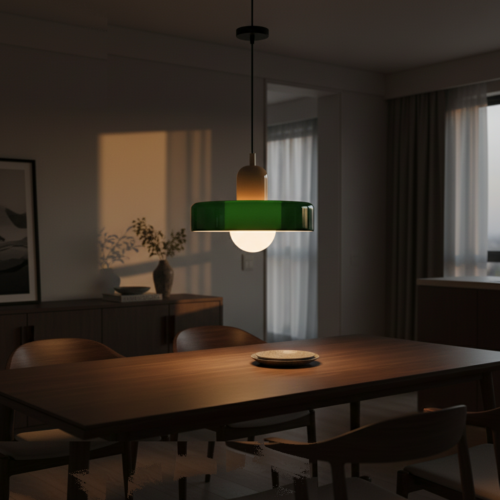 Suspension Verre Vert Bauhaus | Disque Scandinave allumée diffusant sa lumière