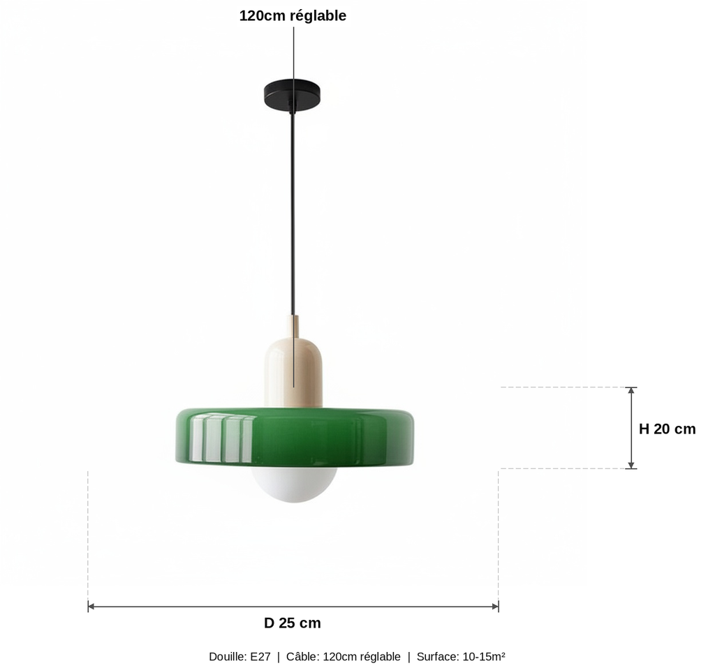 Suspension Verre Vert Bauhaus | Disque Scandinave - schéma des dimensions