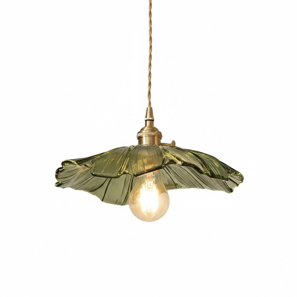 Suspension Verre Vert Laiton Fleur Lotus Vintage - vue produit sur fond blanc - vue 2/2