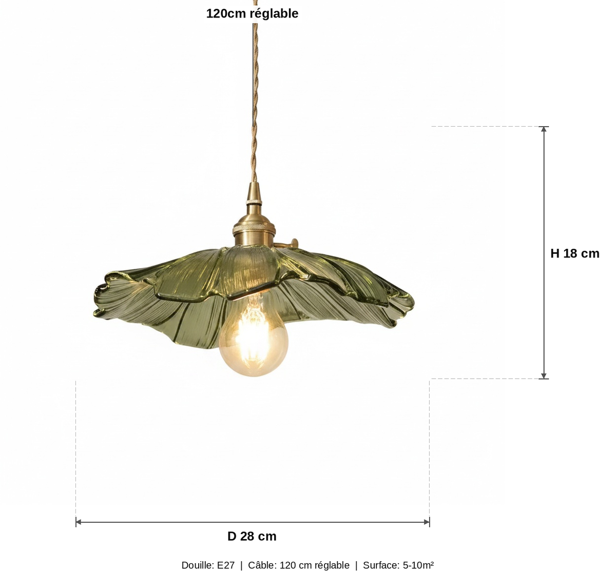 Suspension Verre Vert Laiton Fleur Lotus Vintage - schéma des dimensions