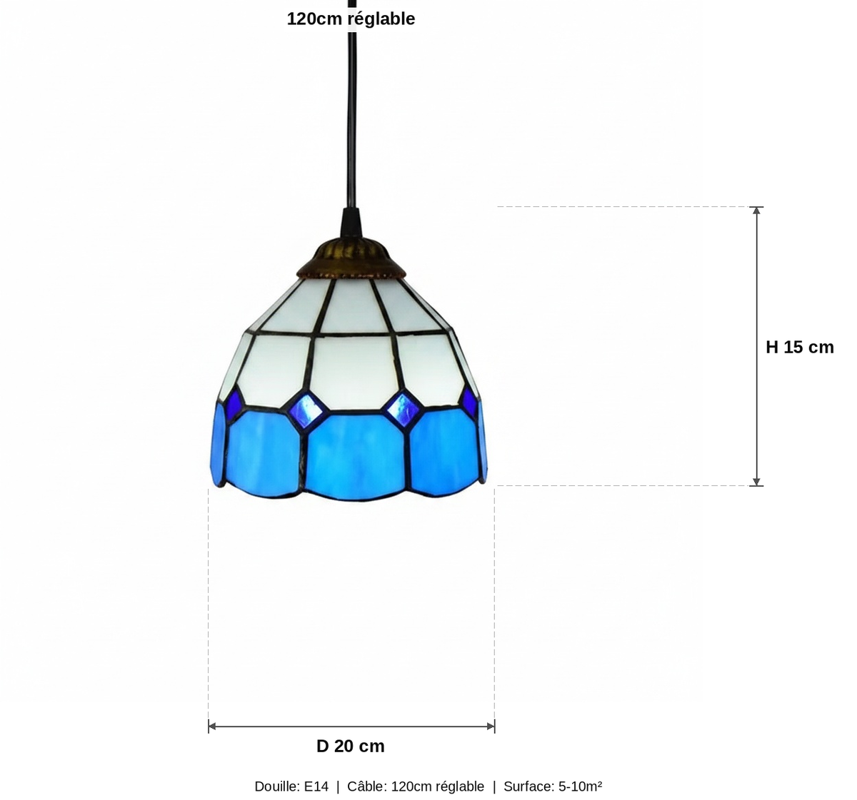 Suspension Vitrail Mosaïque Bleu Méditerranéen - schéma des dimensions