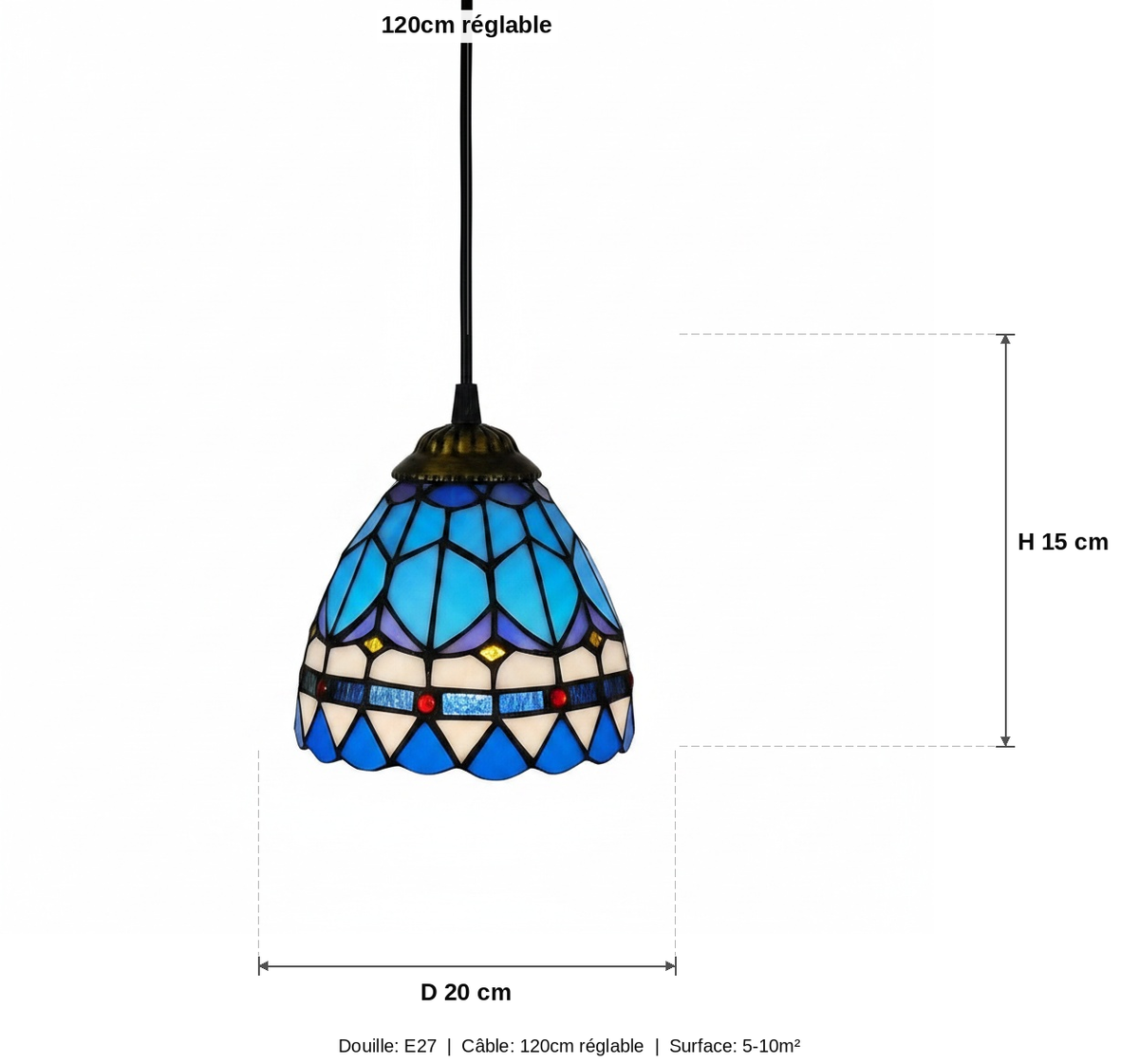 Suspension Vitrail Mosaïque Méditerranéenne - schéma des dimensions - version bleue