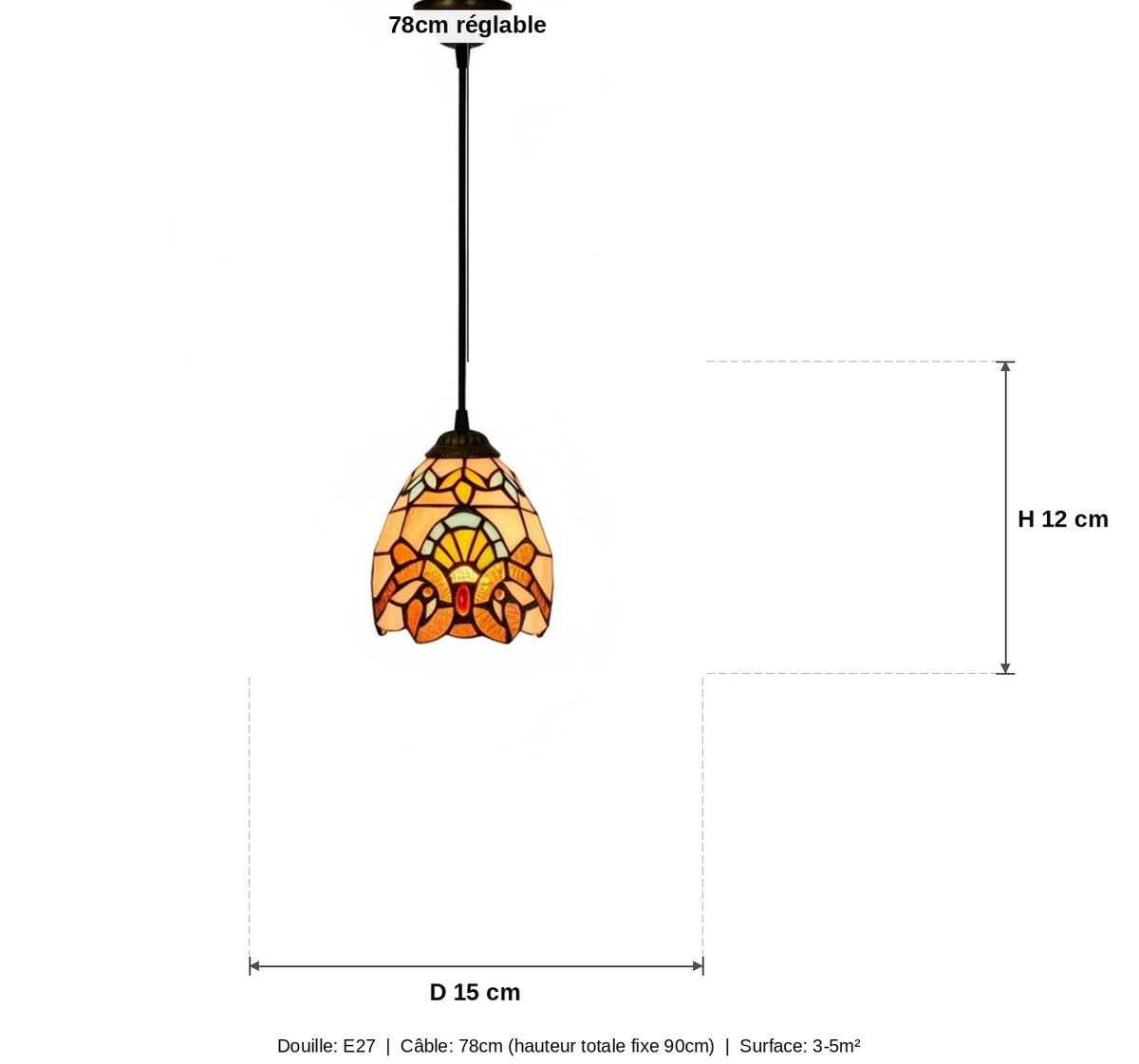 Suspension Vitrail Mosaïque Tiffany - schéma des dimensions