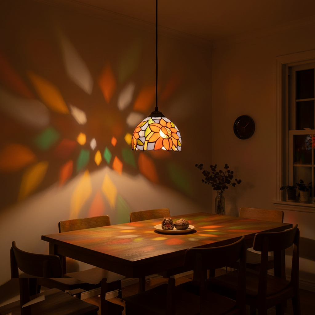 Suspension Vitrail Mosaïque Tournesol allumée diffusant sa lumière