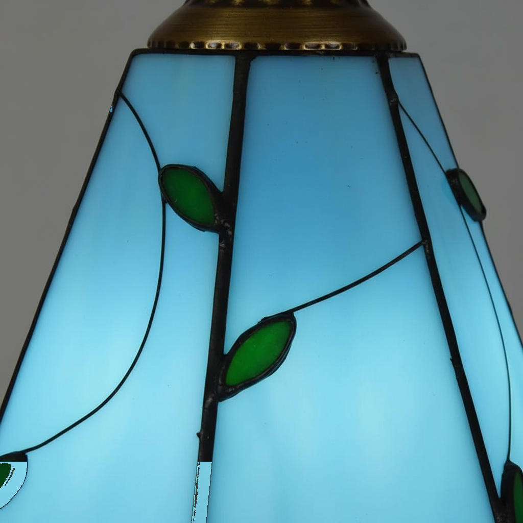 Suspension Vitrail Tiffany Feuillage Bleu - gros plan sur les détails de fabrication