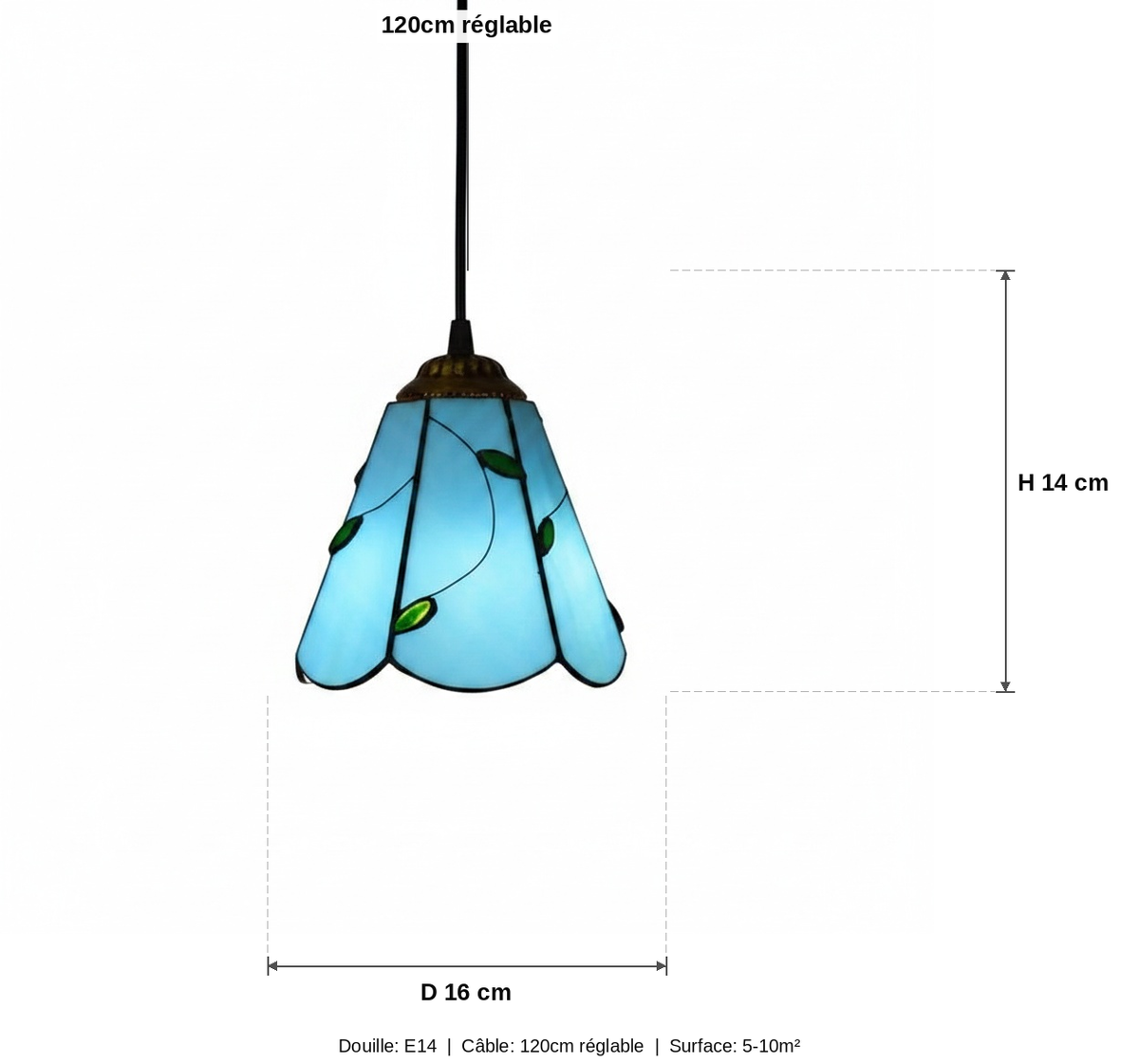Suspension Vitrail Tiffany Feuillage Bleu - schéma des dimensions