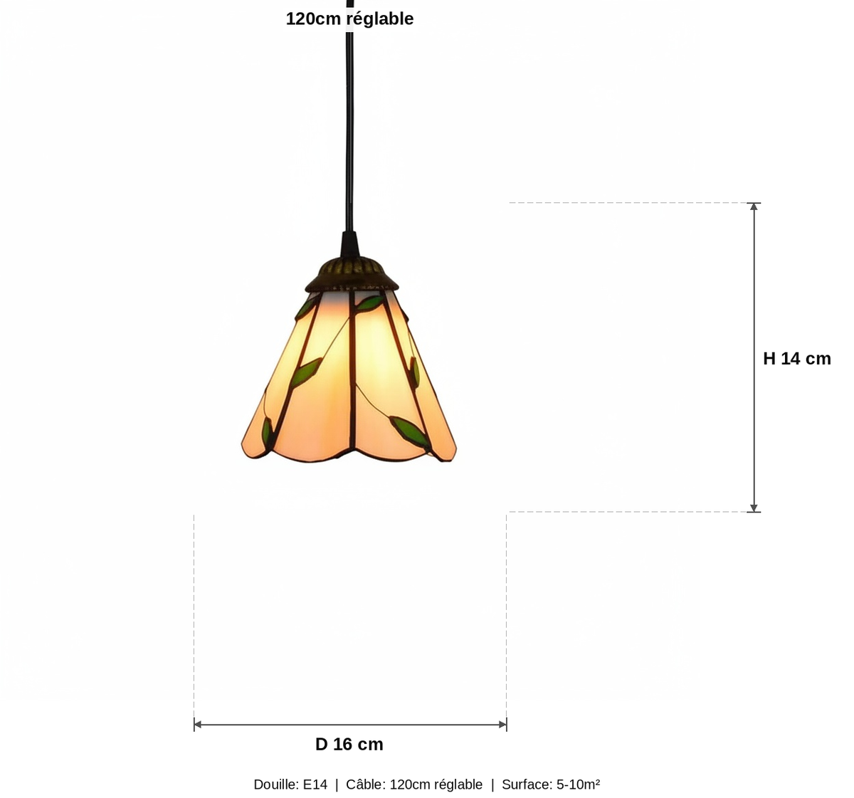 Suspension Vitrail Tiffany Motif Feuilles - schéma des dimensions
