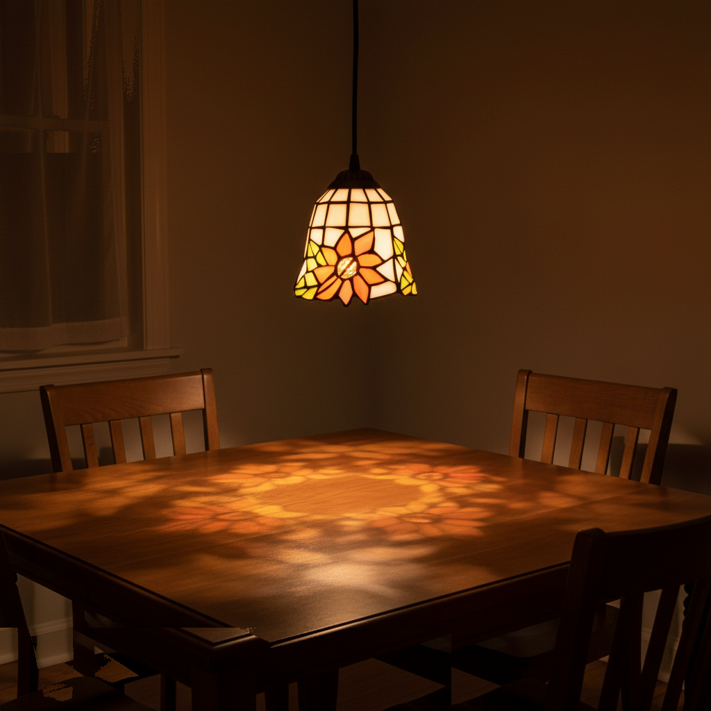 Suspension Vitrail Tiffany Fleur Mosaïque allumée diffusant sa lumière