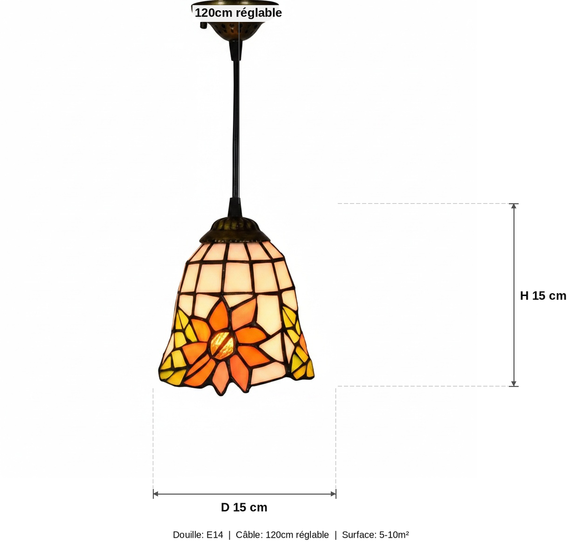 Suspension Vitrail Tiffany Fleur Mosaïque - schéma des dimensions