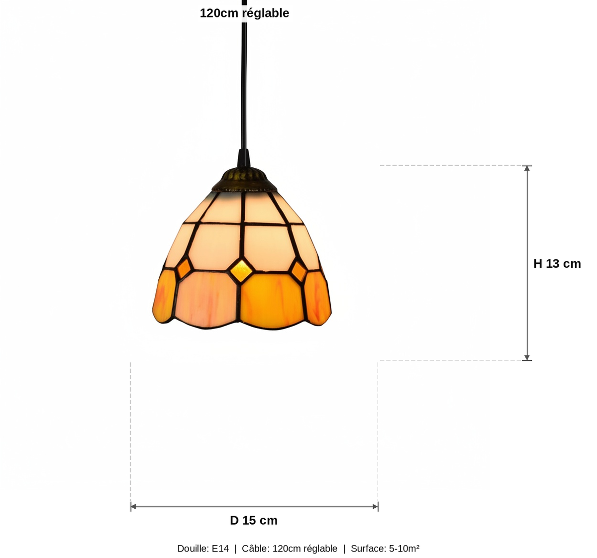 Suspension Vitrail Tiffany Mosaïque Ambrée - schéma des dimensions