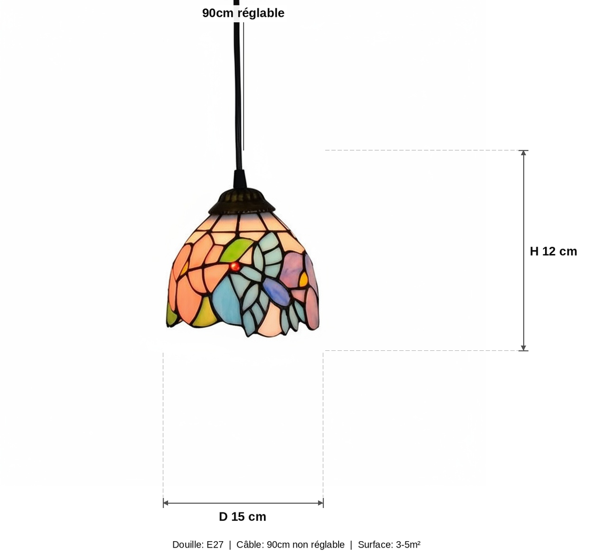 Suspension Vitrail Tiffany Mosaïque Florale - schéma des dimensions