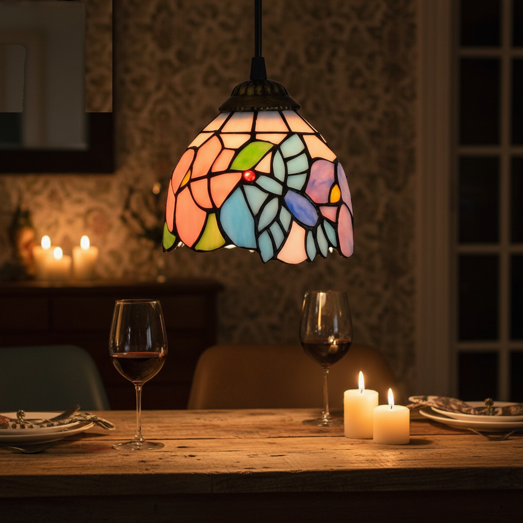 Suspension Vitrail Tiffany Mosaïque Florale mise en ambiance dans un intérieur