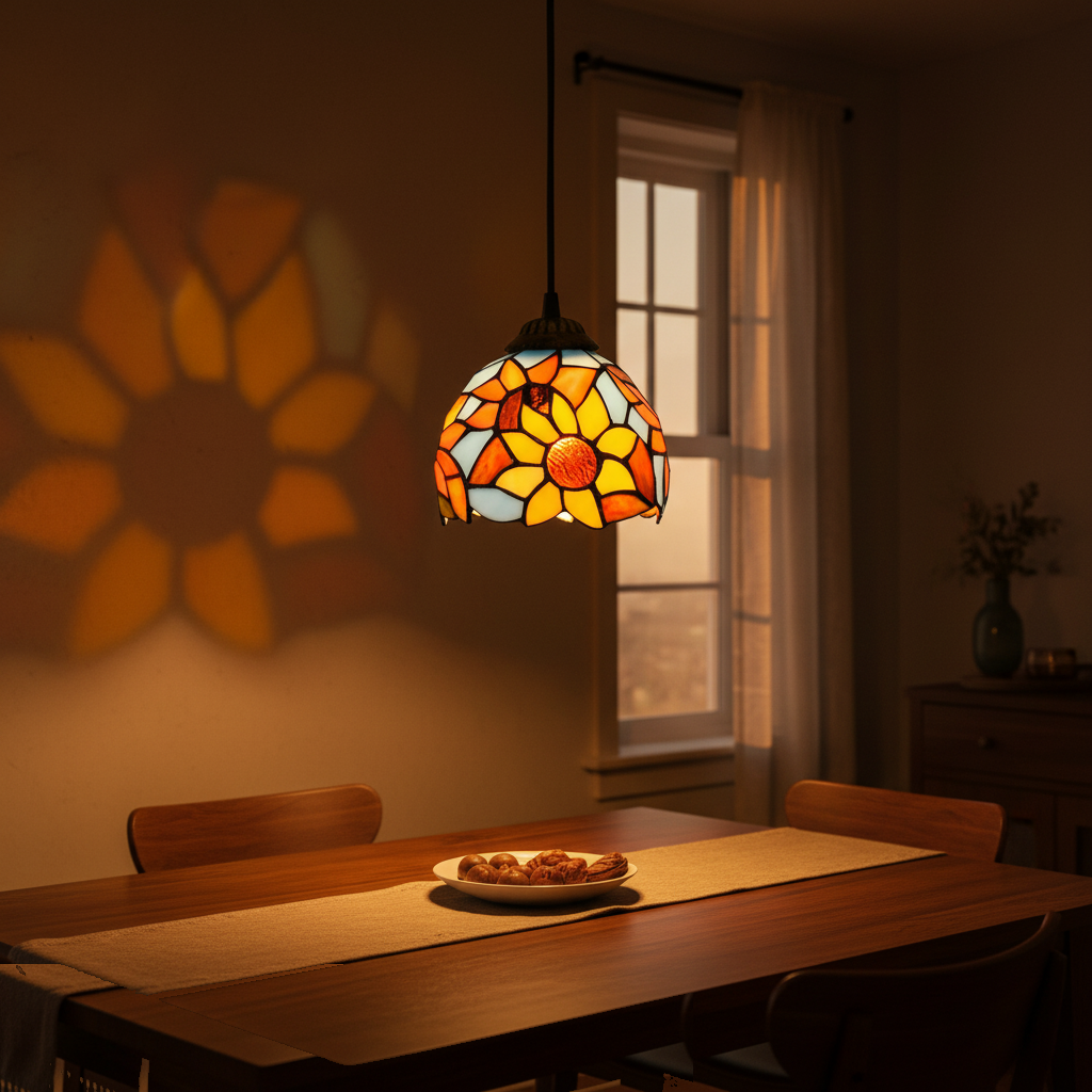Suspension Vitrail Tiffany Tournesol allumée diffusant sa lumière