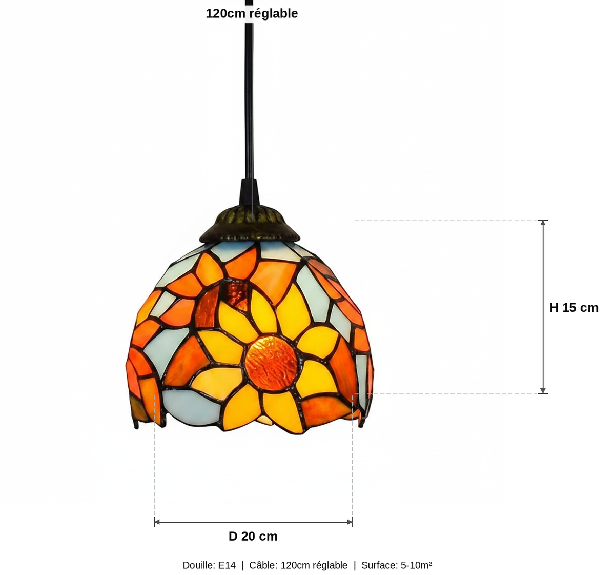 Suspension Vitrail Tiffany Tournesol - schéma des dimensions