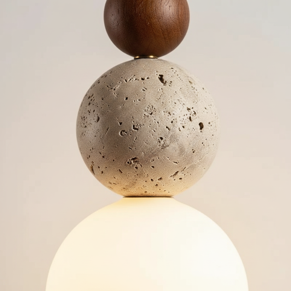 Suspension Wabi-Sabi Bois Noyer et Travertin - gros plan sur les détails de fabrication