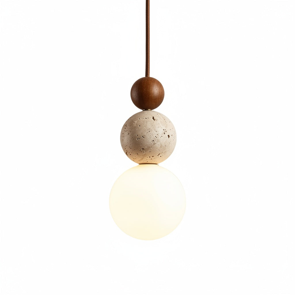 Suspension Wabi-Sabi Bois Noyer et Travertin - vue produit sur fond blanc