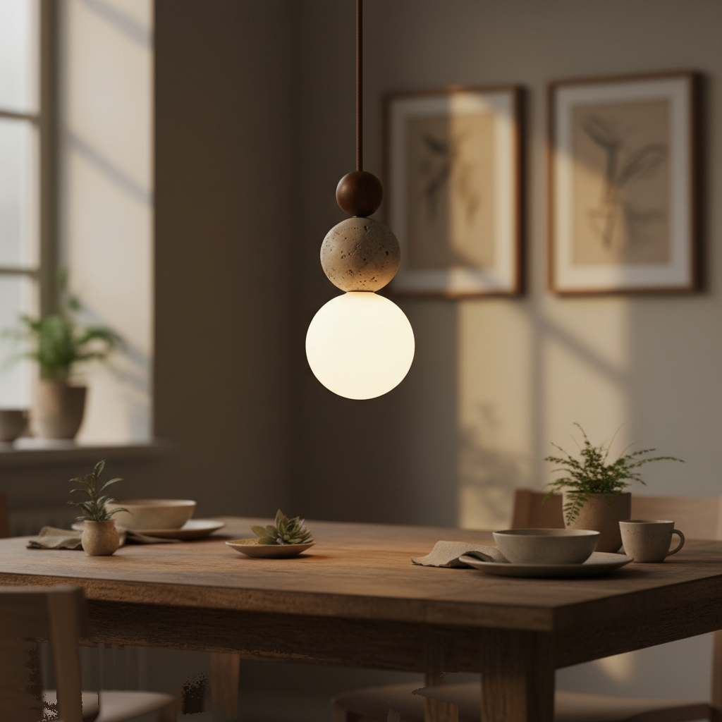 Suspension Wabi-Sabi Bois Noyer et Travertin allumée diffusant sa lumière