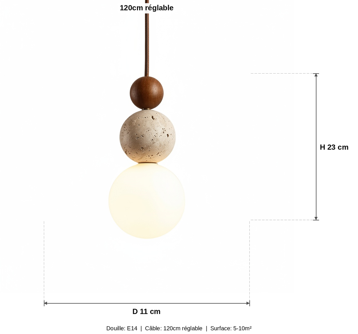 Suspension Wabi-Sabi Bois Noyer et Travertin - schéma des dimensions