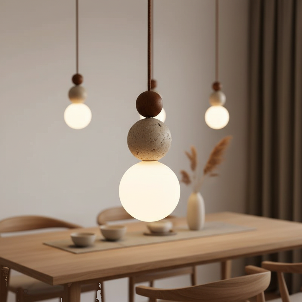 Suspension Wabi-Sabi Bois Noyer et Travertin mise en ambiance dans un intérieur