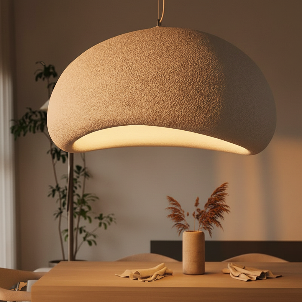 Suspension Wabi Sabi Dôme Texturé Blanc allumée diffusant sa lumière