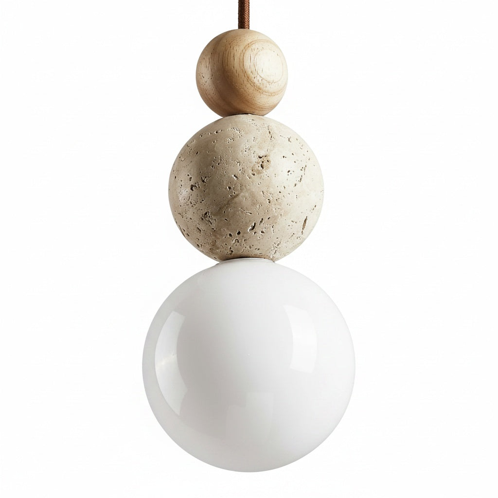 Suspension Wabi-Sabi Globe Pierre et Bois - vue produit sur fond blanc