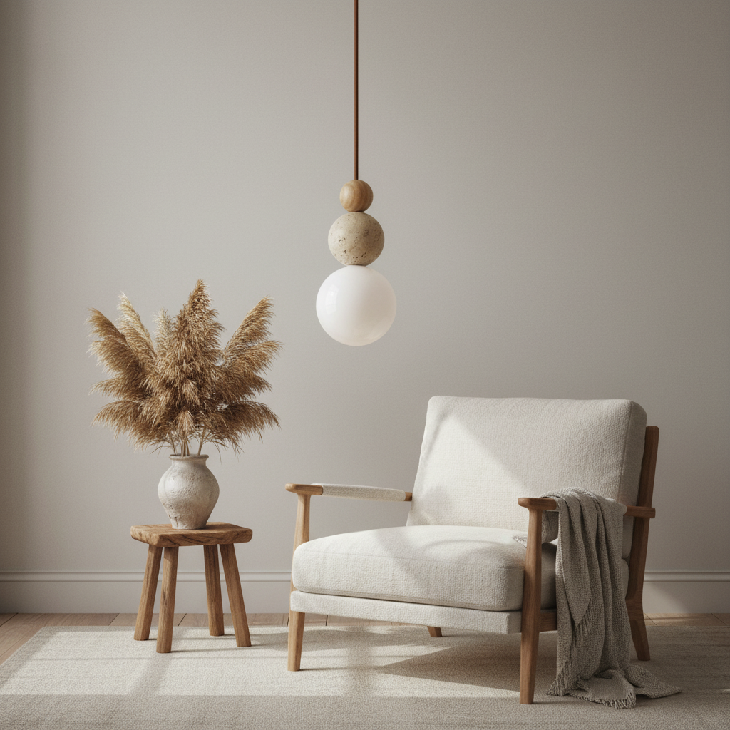 Suspension Wabi-Sabi Globe Pierre et Bois en situation décorative